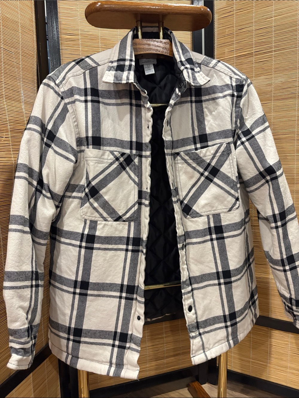 H&M Cream and Black Plaid Quilted-Lined Shacket